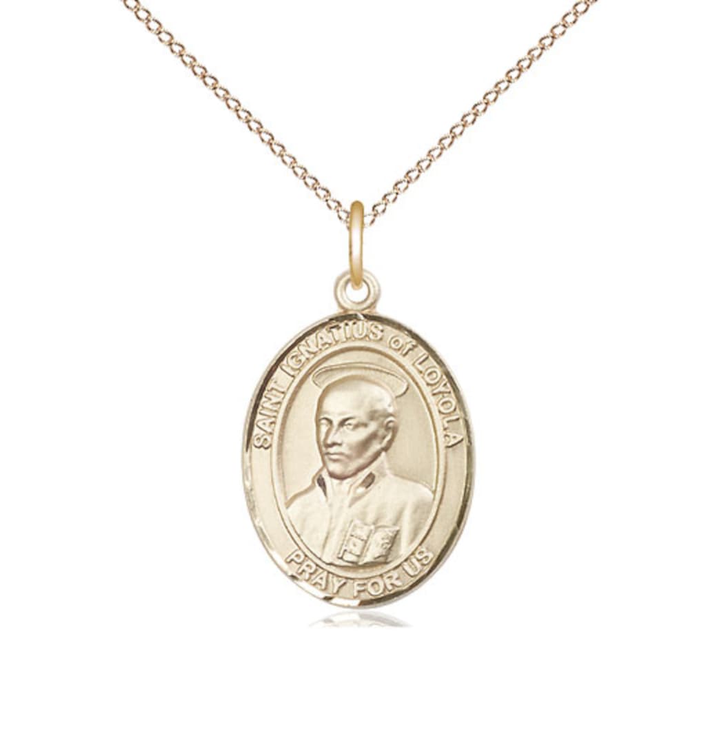 Bliss St Ignatius of Loyola Gold-filled Oval Engravable Medium Medal Necklace with gold-filled Chain,