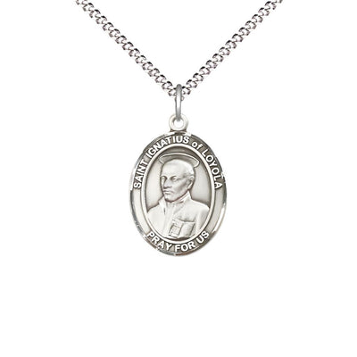 St Ignatius of Loyola Sterling Silver Oval Medium Medal Necklace with Plated Chain, Bliss Manufacturing