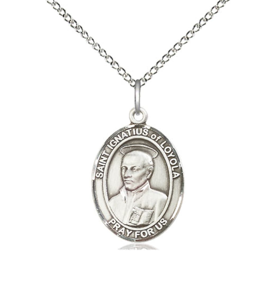 Bliss St Ignatius of Loyola Sterling Silver Oval Medium Medal Necklace with Sterling Silver Chain,