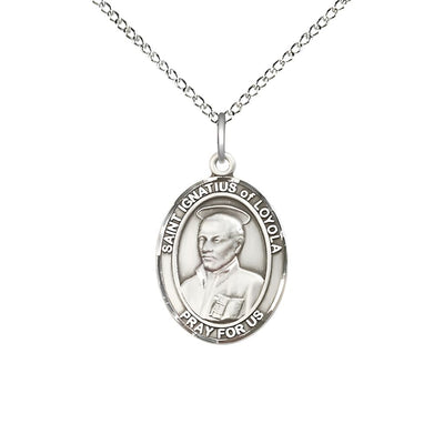 St Ignatius of Loyola Sterling Silver Oval Medium Medal Necklace with Sterling Silver Chain, Bliss Manufacturing