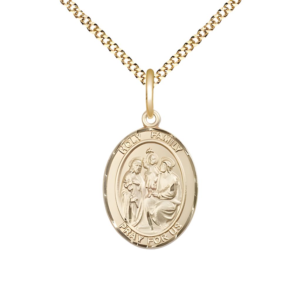 Bliss Holy Family Engravable 14kt Gold-filled Medal with Gold-plated Chain, Measures 3/4" tall x 1/2" wide