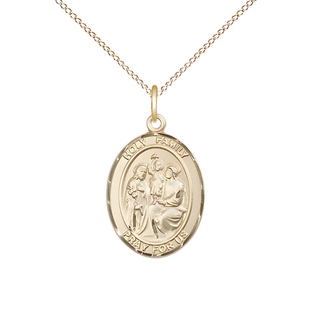 Bliss Holy Family Engravable 14kt Gold-filled Medal with Gold-filled Chain, Measures 3/4" tall x 1/2" wide