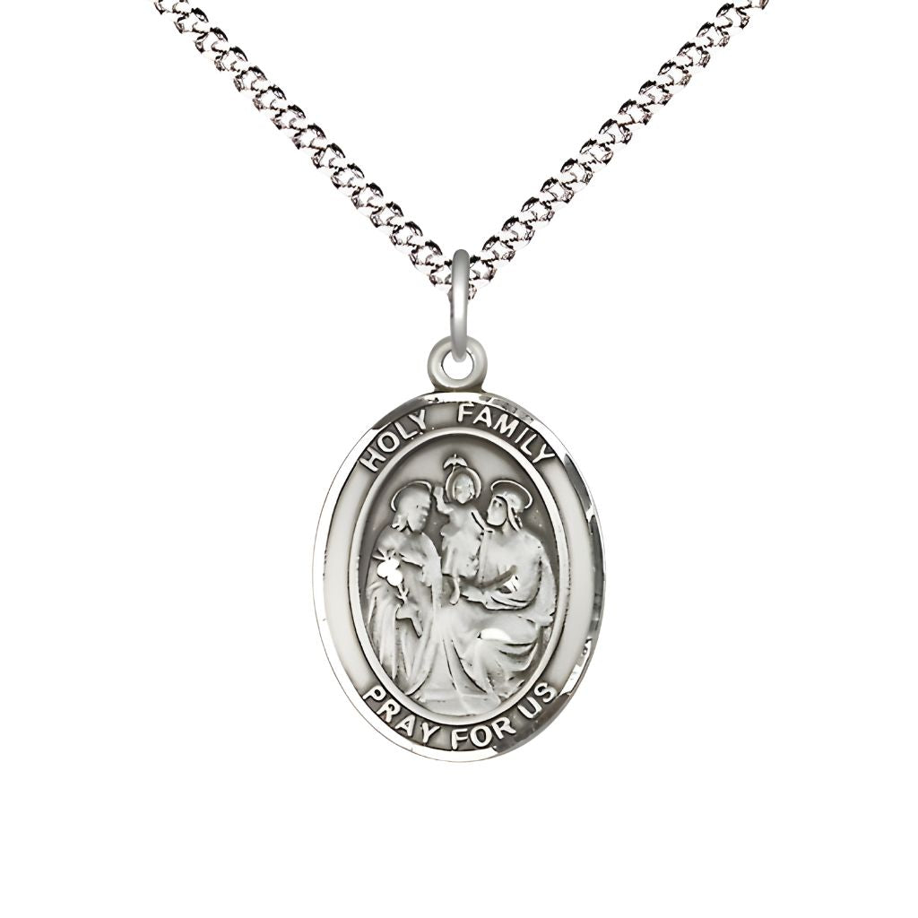 Bliss Holy Family Engravable Pewter Medal with Plated Chain, Measures 3/4" tall x 1/2" wide