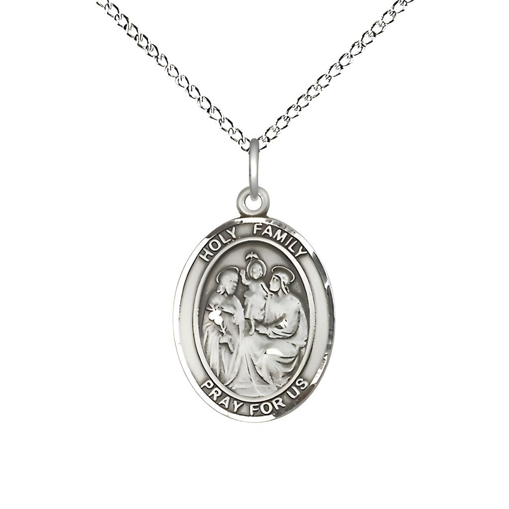 Bliss Holy Family Engravable Sterling Silver Medal with Sterling Silver Chain, Measures 3/4" tall x 1/2" wide