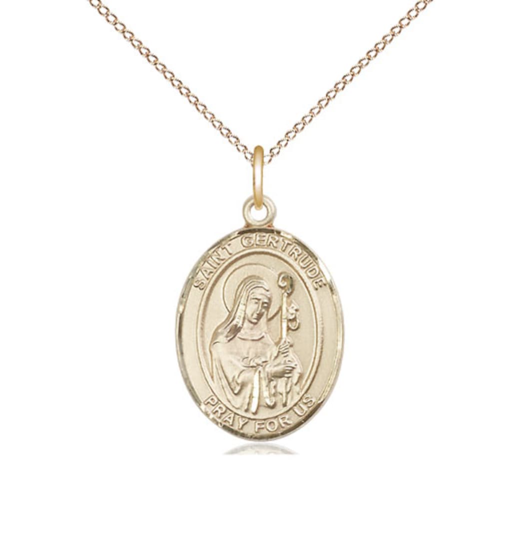 Bliss St Gertrude of Nivelles Gold Filled Medium Oval Medal Necklace With Gold-filled Chain,