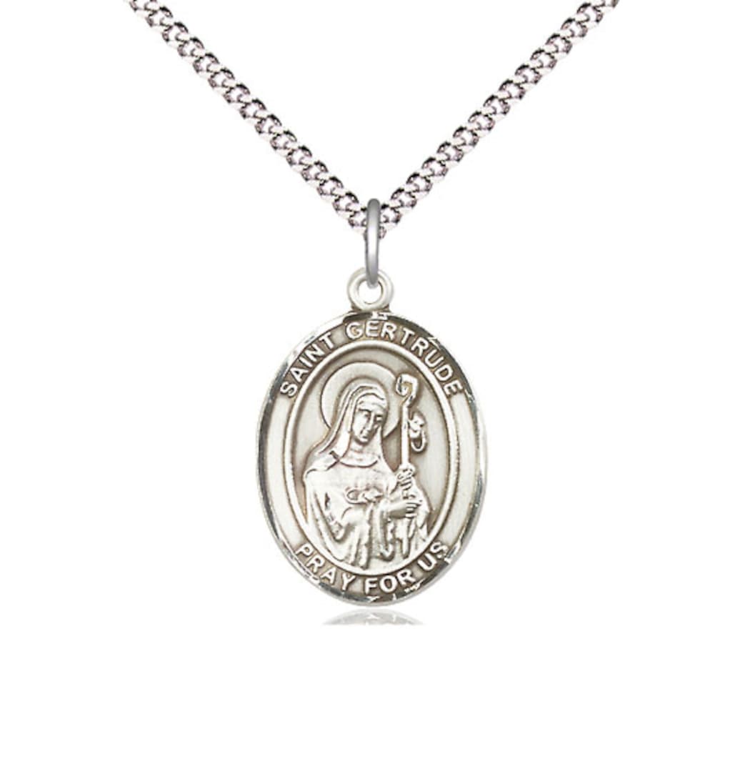 Bliss St Gertrude of Nivelles Medium Pewter Oval Medal Necklace with Chain,