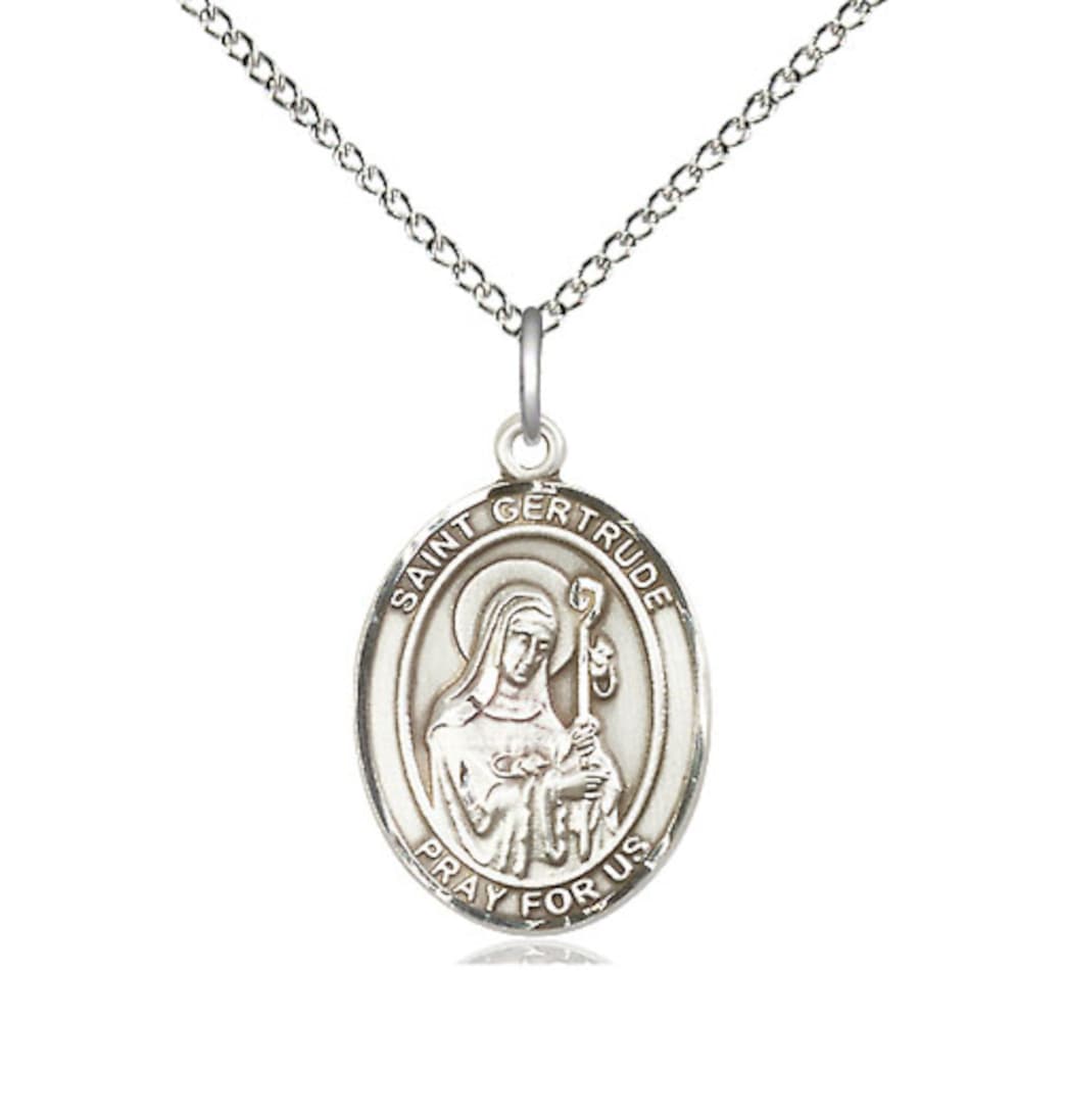 Bliss Medium St Gertrude of Nivelles Sterling Silver Oval Medal Necklace with Sterling Chain,