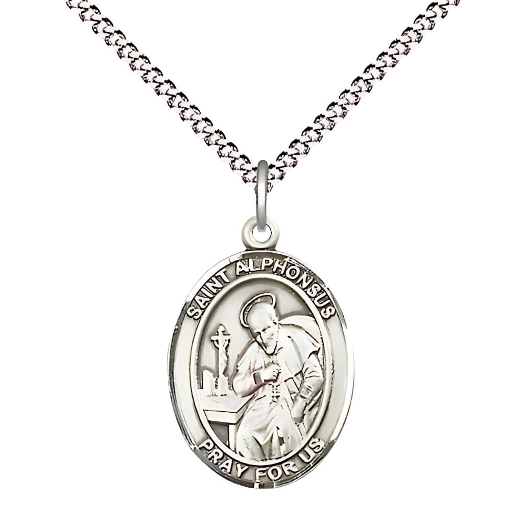 Bliss St. Alphonsus Maria de Liguori Pewter Oval Medal with Plated Curb Chain, Measures 3/4" tall x 1/2" wide