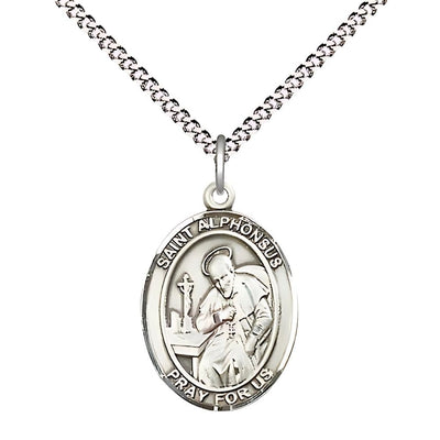 St. Alphonsus Maria de Liguori Sterling Silver Oval Medal with Plated Curb Chain, Measures 3/4" tall x 31/2" wide, Bliss Manufacturing