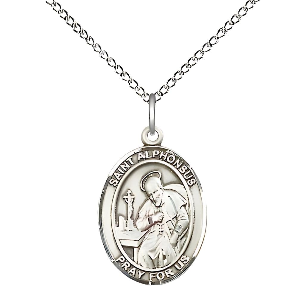 Bliss St. Alphonsus Maria de Liguori Sterling Silver Oval Medal with Sterling Silver Curb Chain, Measures 3/4" tall x 31/2" wide