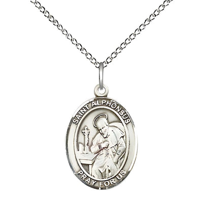 St. Alphonsus Maria de Liguori Sterling Silver Oval Medal with Sterling Silver Curb Chain, Measures 3/4" tall x 31/2" wide, Bliss Manufacturing