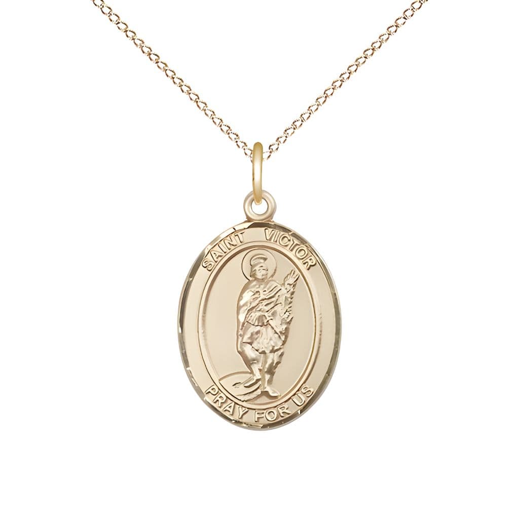 Bliss St. Victor of Marseilles 14kt Gold Oval Medal Pendant with 14kt Gold Chain, Measures 3/4-inch tall by 1/2-inch wide.