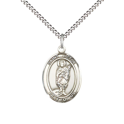 St. Victor of Marseilles Sterling Silver Oval Medal Pendant with Rhodium-plated Chain, Measures 3/4-inch tall by 1/2-inch wide, Bliss Manufacturing