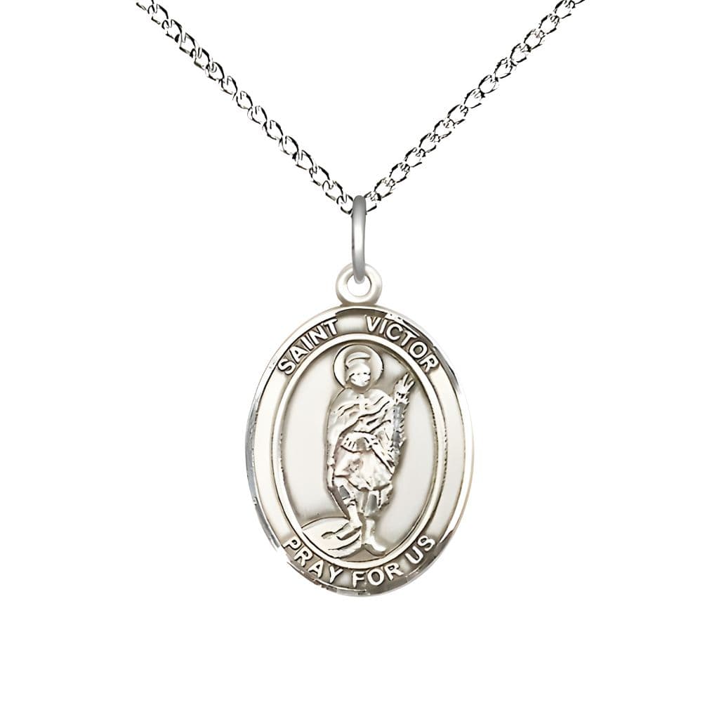 Bliss St. Victor of Marseilles Sterling Silver Oval Medal Pendant with Sterling Chain, Measures 3/4-inch tall by 1/2-inch wide.