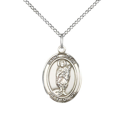 St. Victor of Marseilles Sterling Silver Oval Medal Pendant with Sterling Chain, Measures 3/4-inch tall by 1/2-inch wide, Bliss Manufacturing