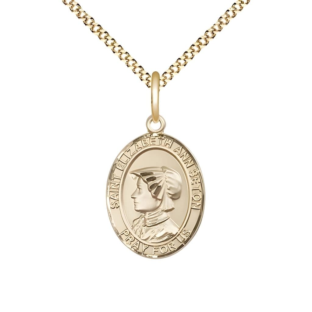 Bliss St. Elizabeth Ann Seton 14kt Gold-filled Oval Medal Pendant with Gold-plated Chain, Measures 3/4-inch tall by 1/2-inch wide.