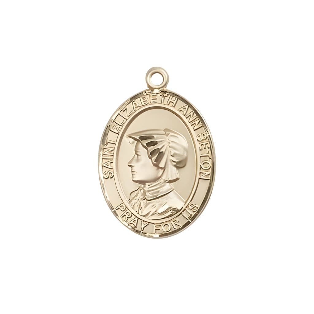 Bliss St. Elizabeth Ann Seton 14kt Gold Oval Medal Pendant, Measures 3/4-inch tall by 1/2-inch wide.