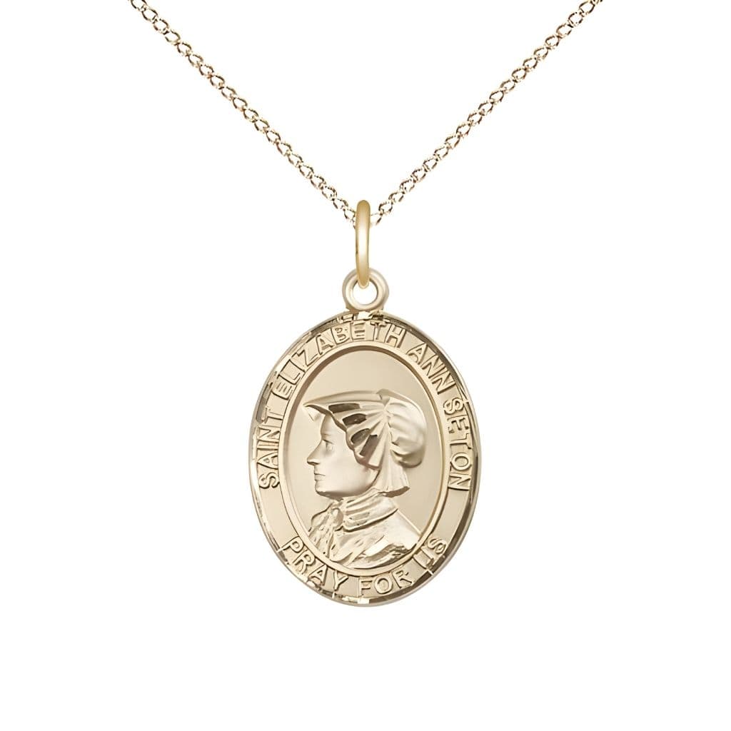 Bliss St. Elizabeth Ann Seton 14kt Gold Oval Medal Pendant with 14kt Gold Chain, Measures 3/4-inch tall by 1/2-inch wide.