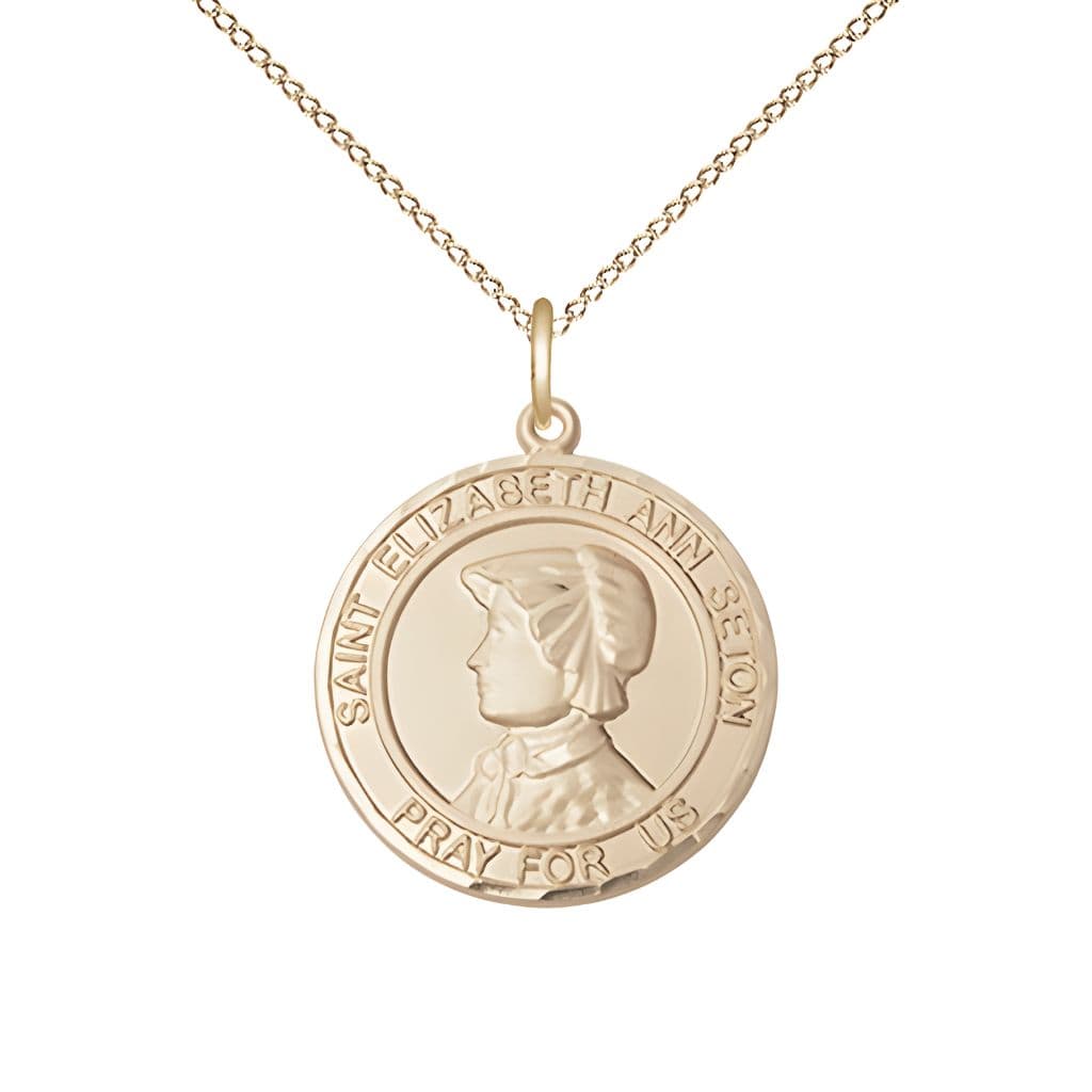 Bliss St. Elizabeth Ann Seton 14kt Gold Round Medal Pendant with 14kt Gold Chain, Measures 3/4-inch tall by 5/8-inch wide.