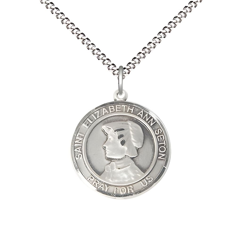 Bliss St. Elizabeth Ann Seton Sterling Silver Round Medal Pendant with Rhodium-plated Chain, Measures 3/4-inch tall by 5/8-inch wide.