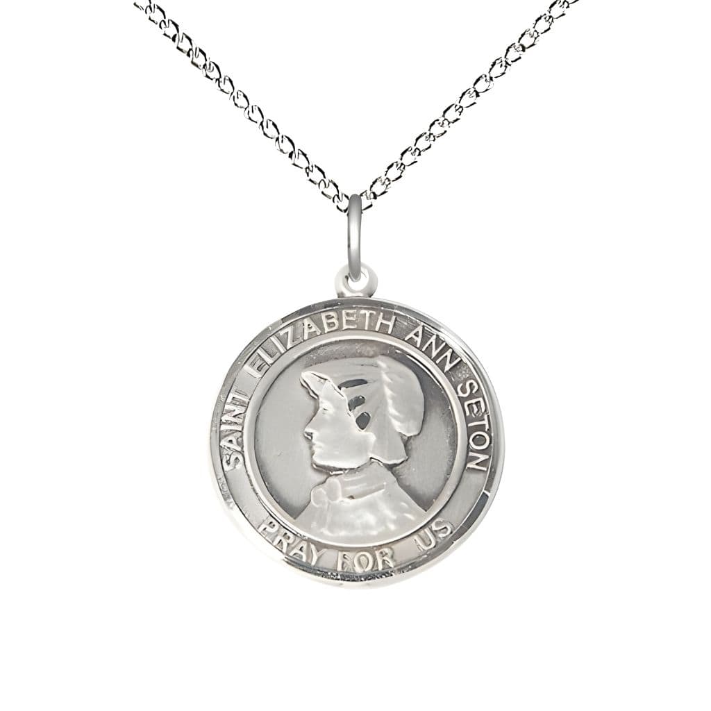 Bliss St. Elizabeth Ann Seton Sterling Silver Round Medal Pendant with Sterling Chain, Measures 3/4-inch tall by 5/8-inch wide.