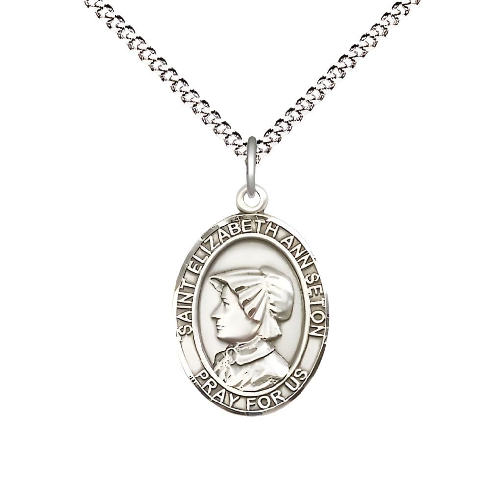 Bliss St. Elizabeth Ann Seton Sterling Silver Oval Medal Pendant with Rhodium-plated Chain, Measures 3/4-inch tall by 1/2-inch wide.