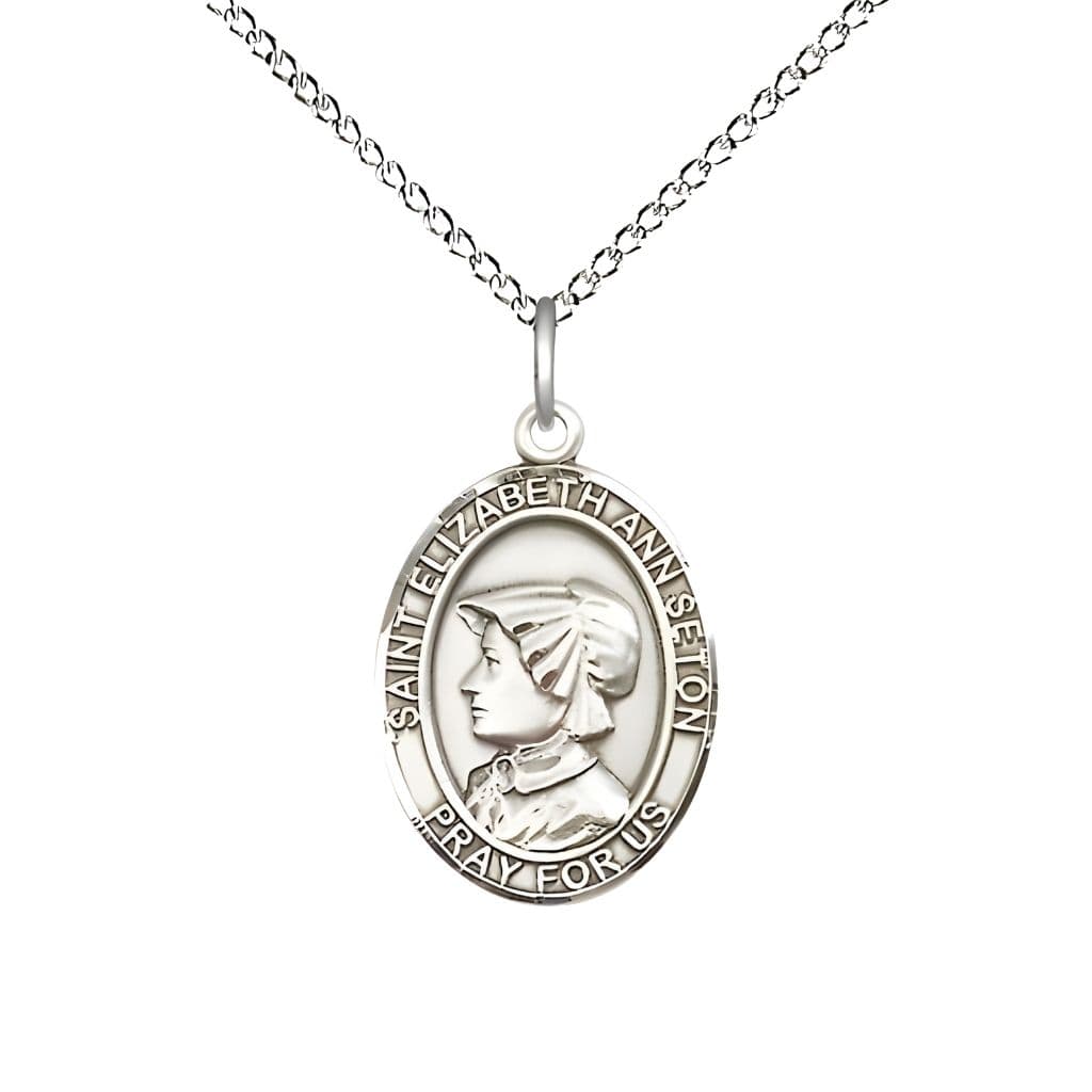 Bliss St. Elizabeth Ann Seton Sterling Silver Oval Medal Pendant with Sterling Chain, Measures 3/4-inch tall by 1/2-inch wide.