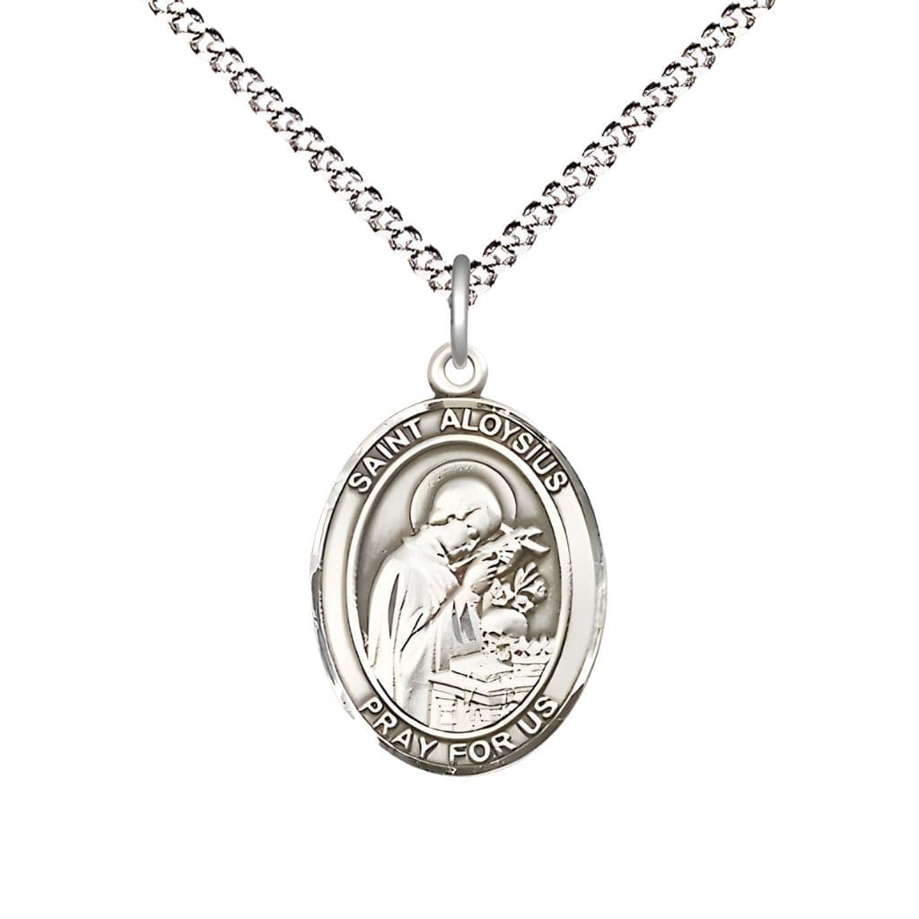 Medium Saint Aloysius Gonzaga Pewter Oval Medal Pendant with 18" Rhodium-plated Curb Chain with Deluxe Gift Box | Bliss Manufacturing