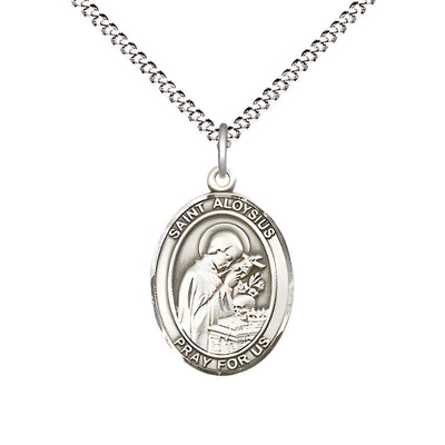 Medium Saint Aloysius Gonzaga Pewter Oval Medal Pendant with 18" Rhodium-plated Curb Chain with Deluxe Gift Box | Bliss Manufacturing