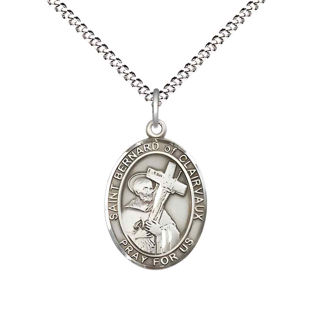 Medium Saint Bernard of Clairvaux Pewter Oval Medal Pendant with 18" Rhodium-plated Curb Chain in Deluxe Gift Box | Bliss Manufacturing