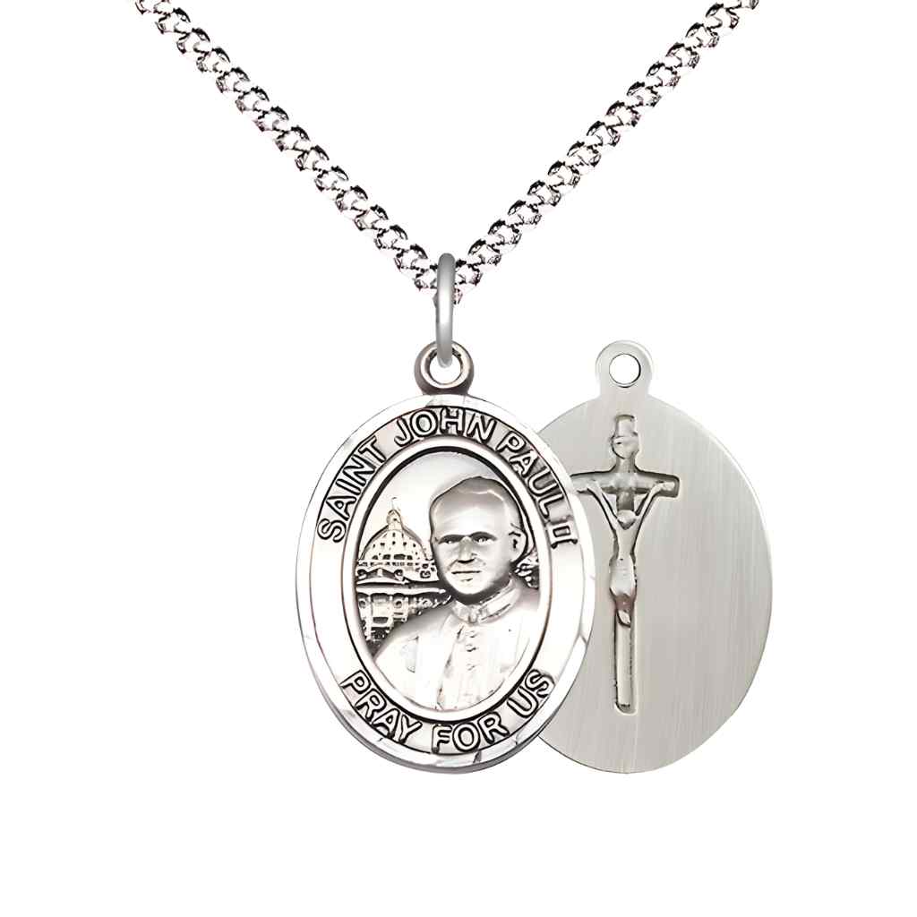 Medium Saint John Paul II Pewter Oval Medal Pendant with Rhodium-plated Curb Chain with Deluxe Gift Box | Bliss Manufacturing