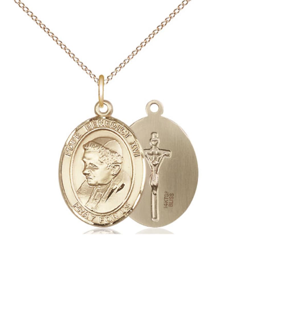 Bliss Pope Benedict XVI Gold-filled Oval Engravable Medium Medal Necklace with a Gold-filled Chain,