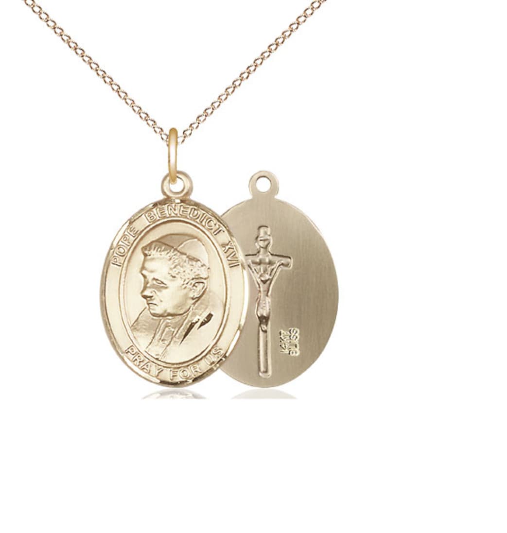 Bliss Pope Benedict XVI 14kt Gold Engravable Oval Medium Medal Pendant with 14kt Gold Chain,