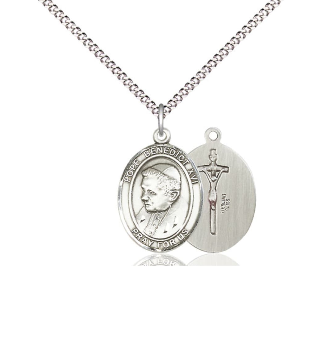 Bliss Pope Benedict XVI Sterling Silver Oval Engravable Medium Medal Necklace with Plated Chain,