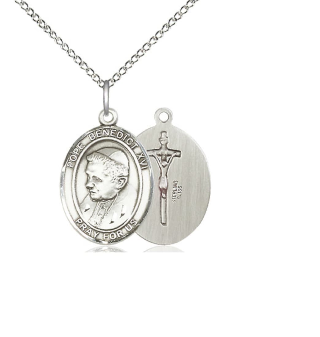 Bliss Pope Benedict XVI Sterling Silver Oval Engravable Medium Medal Necklace with Sterling Chain,