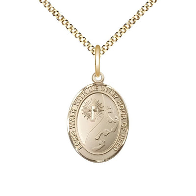 Footprints in the Sand 14kt Gold-filled Oval Medal Pendant with Gold-plated Chain, Measures 3/4-inch tall by 1/2-inch wide, Bliss Manufacturing