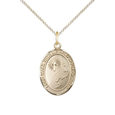 Footprints in the Sand 14kt Gold Oval Medal Pendant with 14kt Gold Chain, Measures 3/4-inch tall by 1/2-inch wide, Bliss Manufacturing
