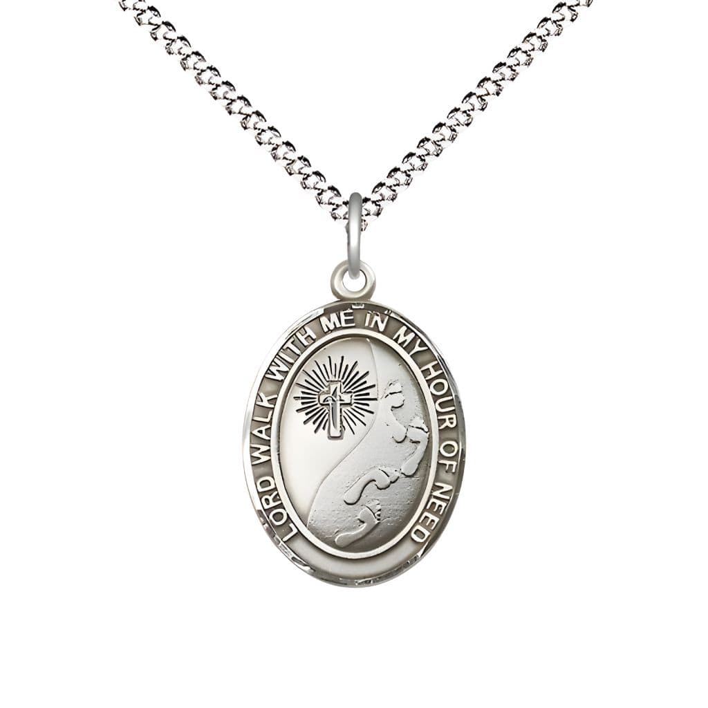 Footprints in the Sand Sterling Silver Oval Medal Pendant with Rhodium-plated Chain, Measures 3/4-inch tall by 1/2-inch wide, Bliss Manufacturing