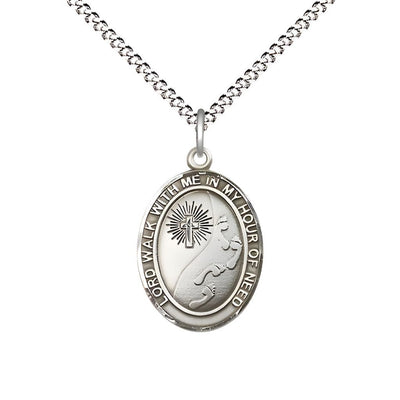 Footprints in the Sand Sterling Silver Oval Medal Pendant with Rhodium-plated Chain, Measures 3/4-inch tall by 1/2-inch wide, Bliss Manufacturing