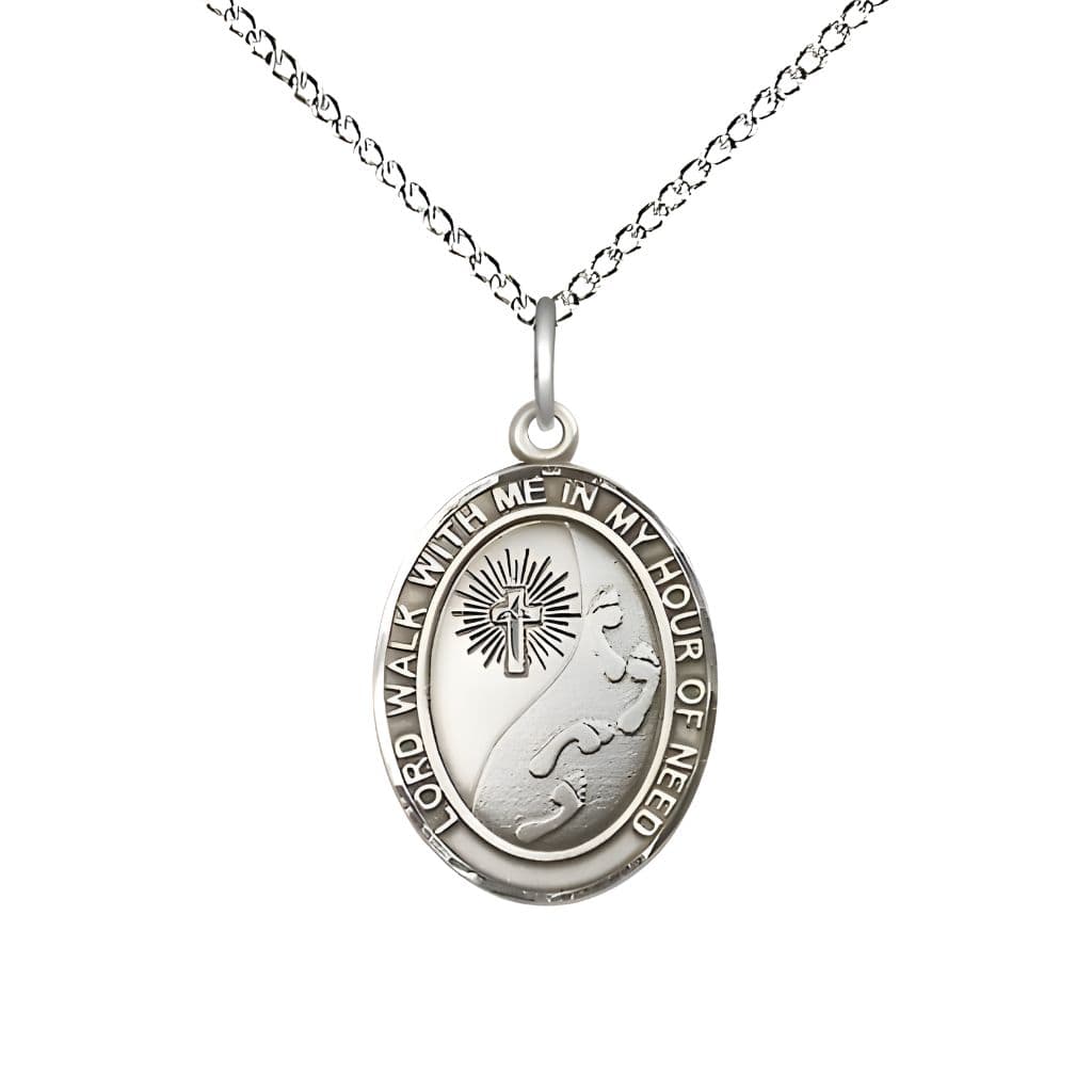 Footprints in the Sand Sterling Silver Oval Medal Pendant with Sterling Chain, Measures 3/4-inch tall by 1/2-inch wide, Bliss Manufacturing