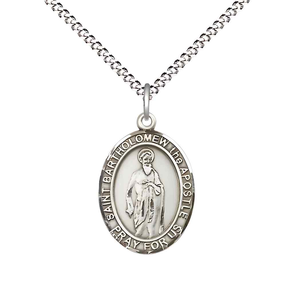 Medium Saint Bartholomew the Apostle Pewter Oval Medal Pendant with 18" Rhodium-plated Curb Chain in Deluxe Gift Box | Bliss Manufacturing