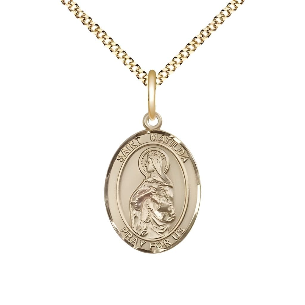 Bliss St. Matilda 14kt Gold-filled Oval Medal Pendant with Gold-plated Chain, Measures 3/4-inch tall by 1/2-inch wide.