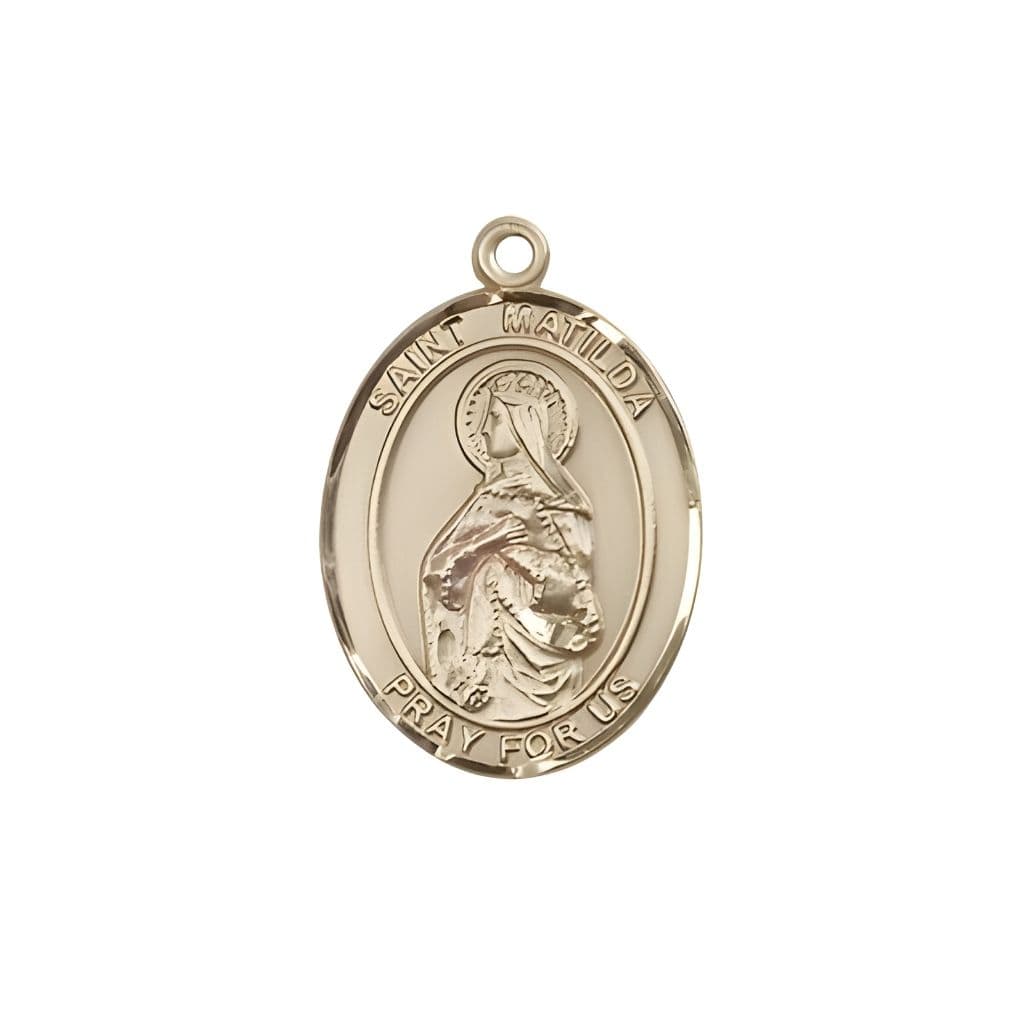 Bliss St. Matilda 14kt Gold Oval Medal Pendant, Measures 3/4-inch tall by 1/2-inch wide.