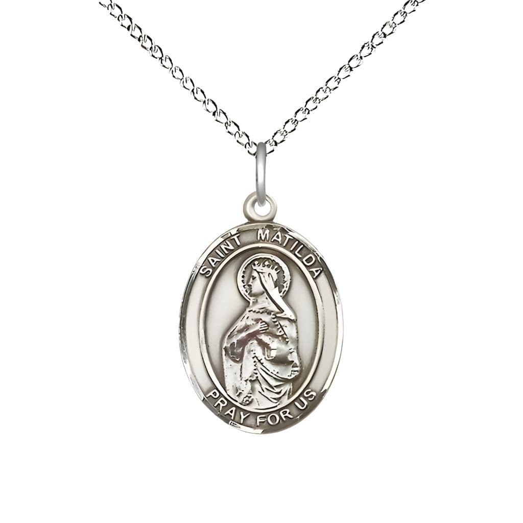 Bliss St. Matilda Sterling Silver Oval Medal Pendant with Sterling Silver Chain, Measures 3/4-inch tall by 1/2-inch wide.