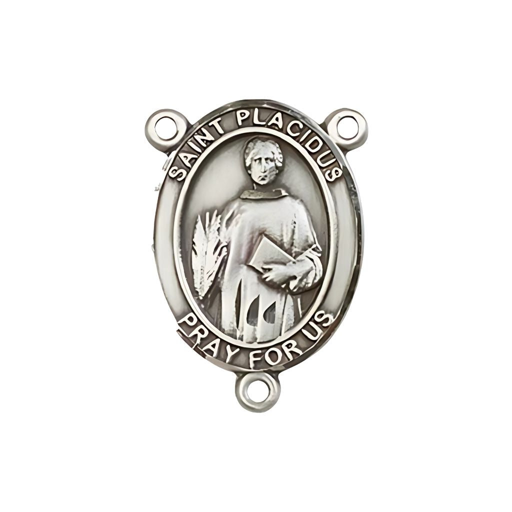 Bliss St. Placidus Engravable Rosary Silver Centerpiece, Measures 3/4-inch tall by 1/2-inch wide