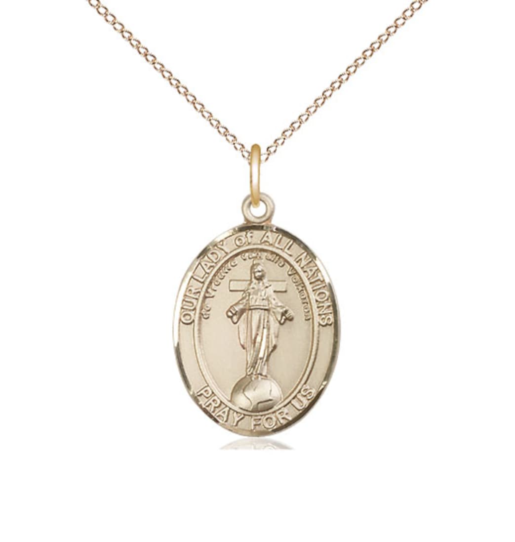 Bliss Our Lady of All Nations 14kt Gold Engravable Oval Medium Medal Pendant with 14kt Gold Chain,