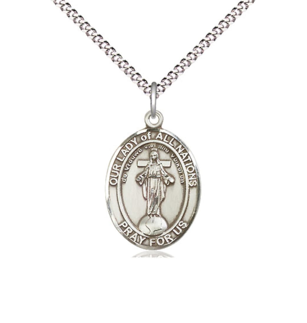 Medium Bliss Our Lady of All Nations Pewter Oval Engravable Medal Necklace,