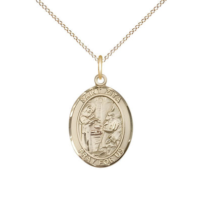 St. Zita 14kt Gold Oval Medal Pendant with 14kt Gold Curb Chain, Measures 3/4-inch tall by 1/2-inch wide, Bliss Manufacturing