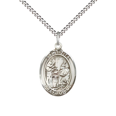 St. Zita Sterling Silver Oval Engravable Medal with Rhodium-plated Chain, Medal Measures 3/4-inch tall by 1/2-inch wide, Bliss Manufacturing