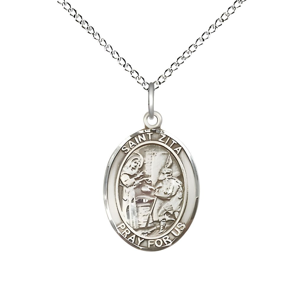 Bliss St. Zita Sterling Silver Oval Engravable Medal with Sterling Chain, Medal Measures 3/4-inch tall by 1/2-inch wide.